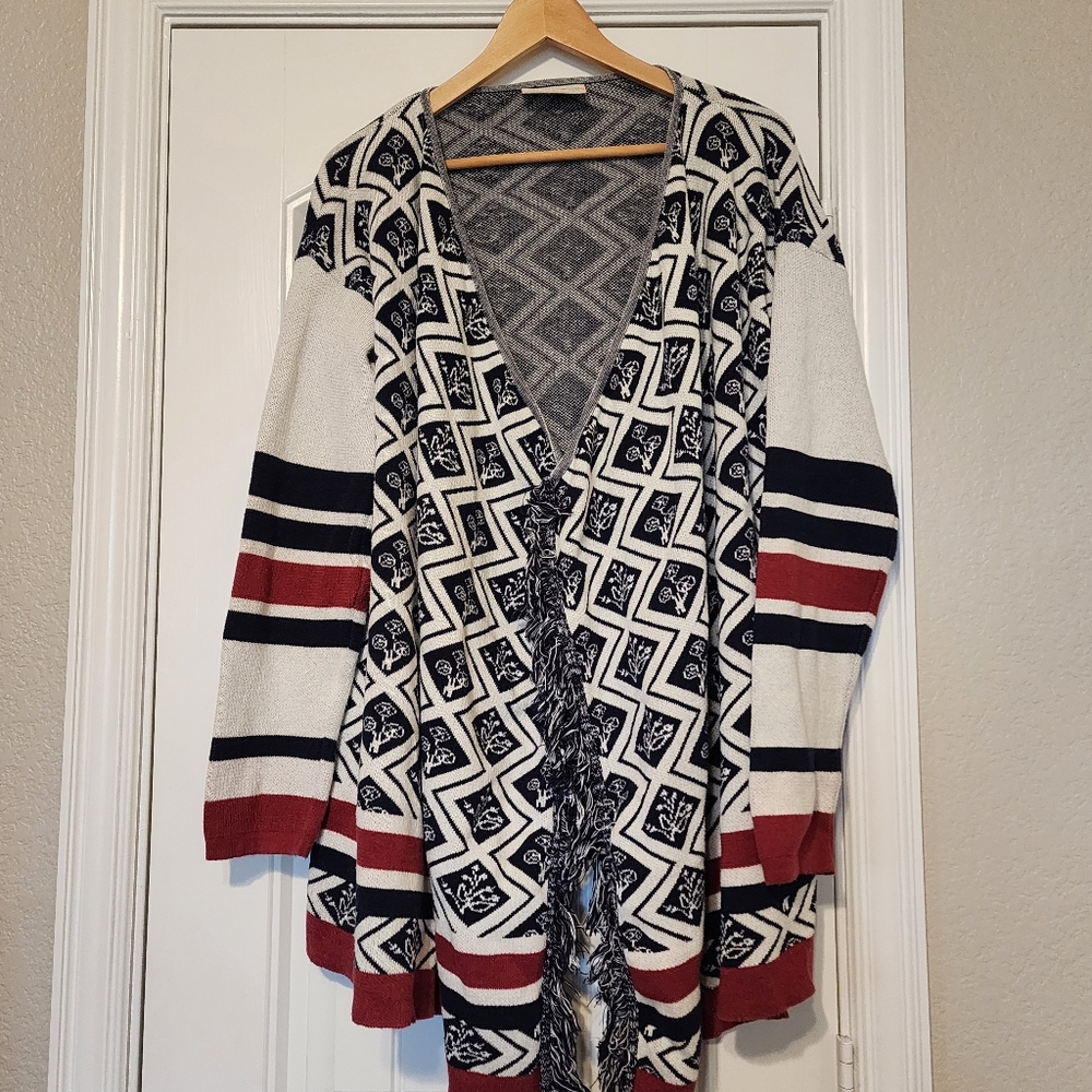 Velez Artisans Navy Aztec Striped Fringe Sweater Large